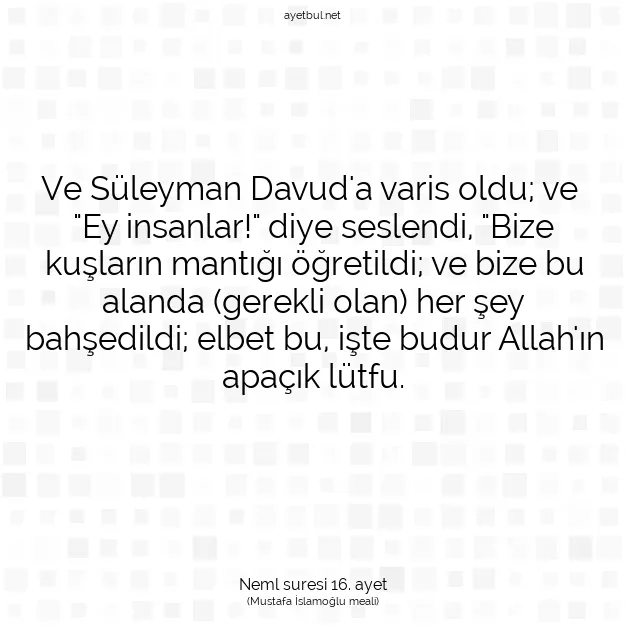 Ayetbul | Kuran Mealleri | Quran | Neml suresi 16. ayet