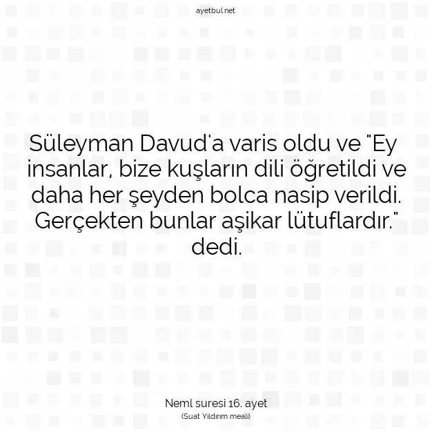 Ayetbul | Kuran Mealleri | Quran | Neml suresi 16. ayet