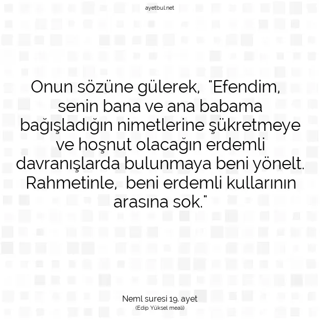 Ayetbul | Kuran Mealleri | Quran | Neml suresi 19. ayet