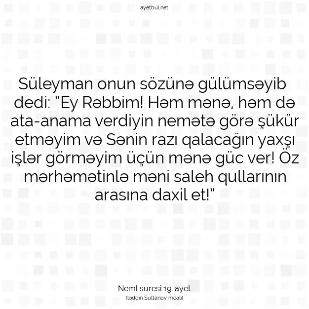 Ayetbul | Kuran Mealleri | Quran | Neml suresi 19. ayet