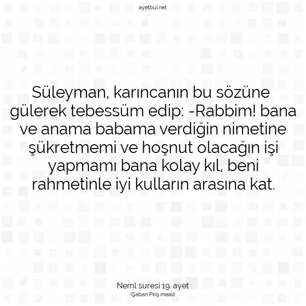 Ayetbul | Kuran Mealleri | Quran | Neml suresi 19. ayet