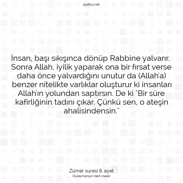 Ayetbul | Kuran Mealleri | Quran | Zümer suresi 8. ayet