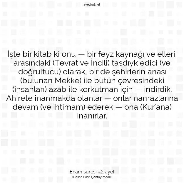 Ayetbul | Kuran Mealleri | Quran | Enam suresi 92. ayet