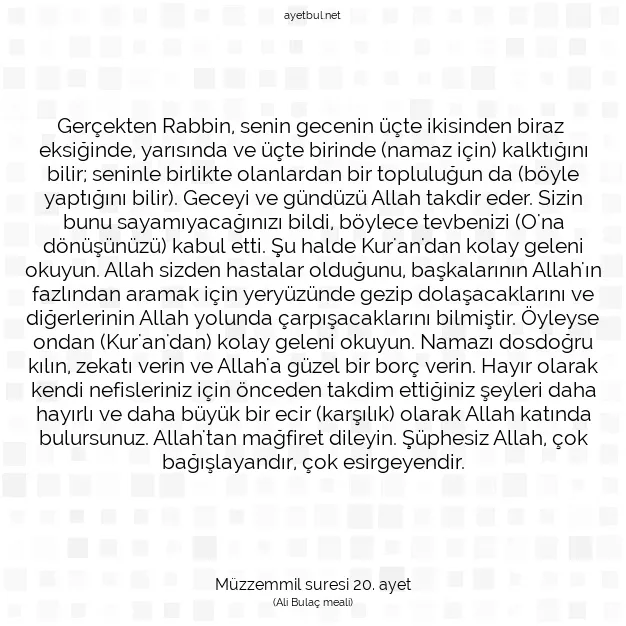Ayetbul | Kuran Mealleri | Quran | Müzzemmil suresi 20. ayet