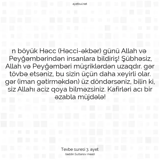 Ayetbul | Kuran Mealleri | Quran | Tevbe suresi 3. ayet