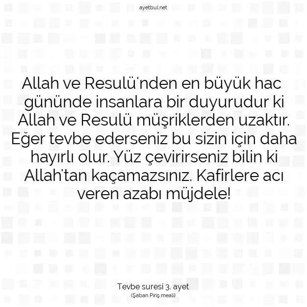 Ayetbul | Kuran Mealleri | Quran | Tevbe suresi 3. ayet